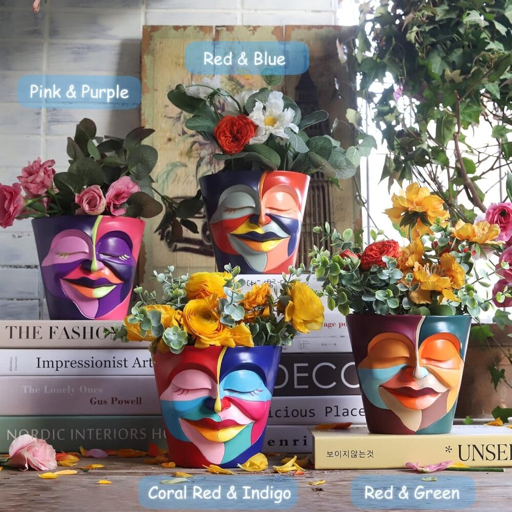 Abstract Rainbow Head Planter, Unique Face Plant Pot with Drainage, Cute Eclecti - Picture 2 of 6